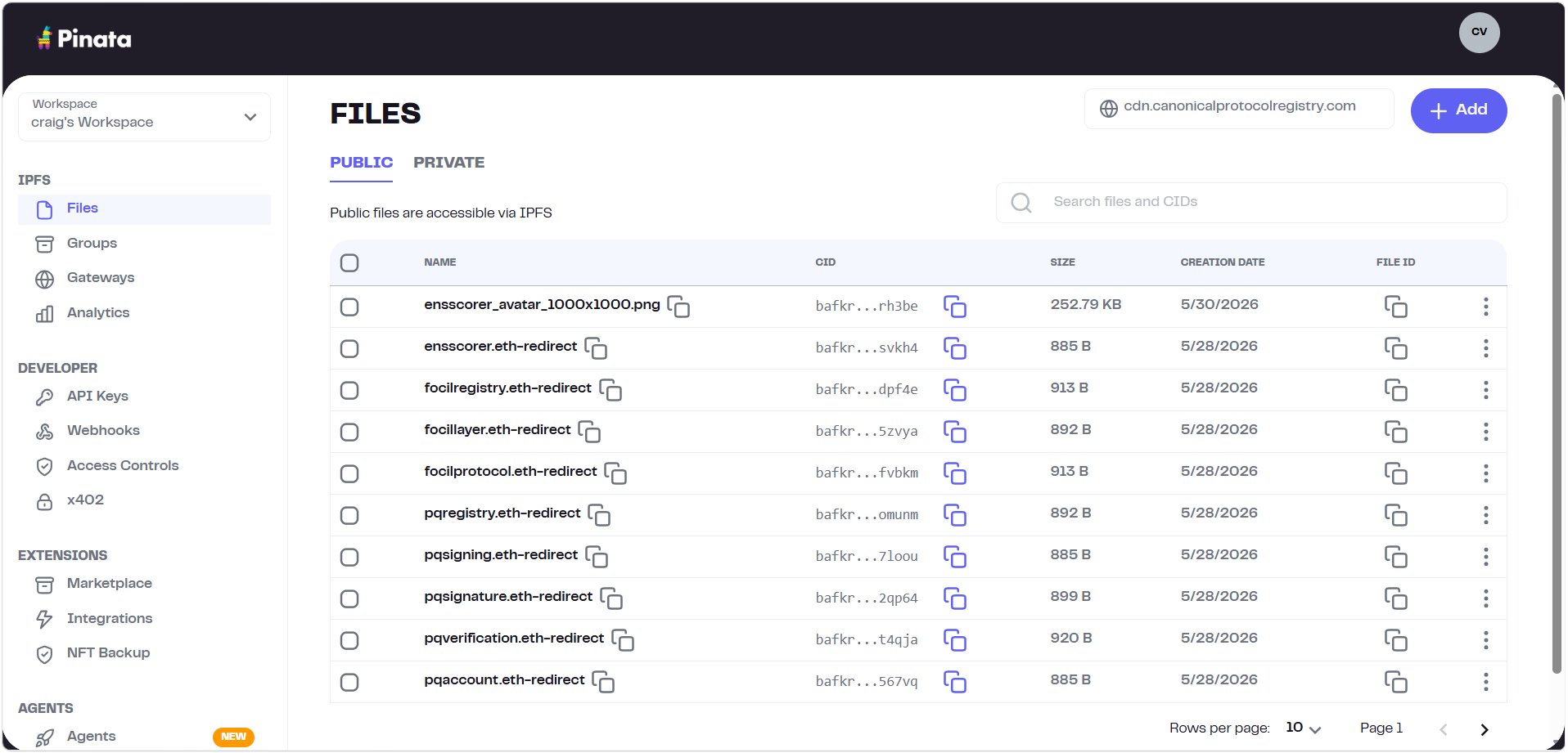 Pinata Files dashboard