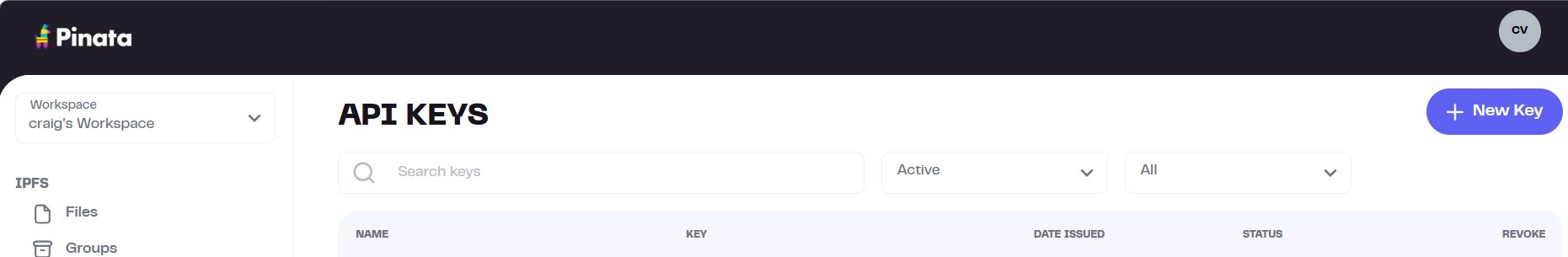 Pinata API Keys page with New Key button