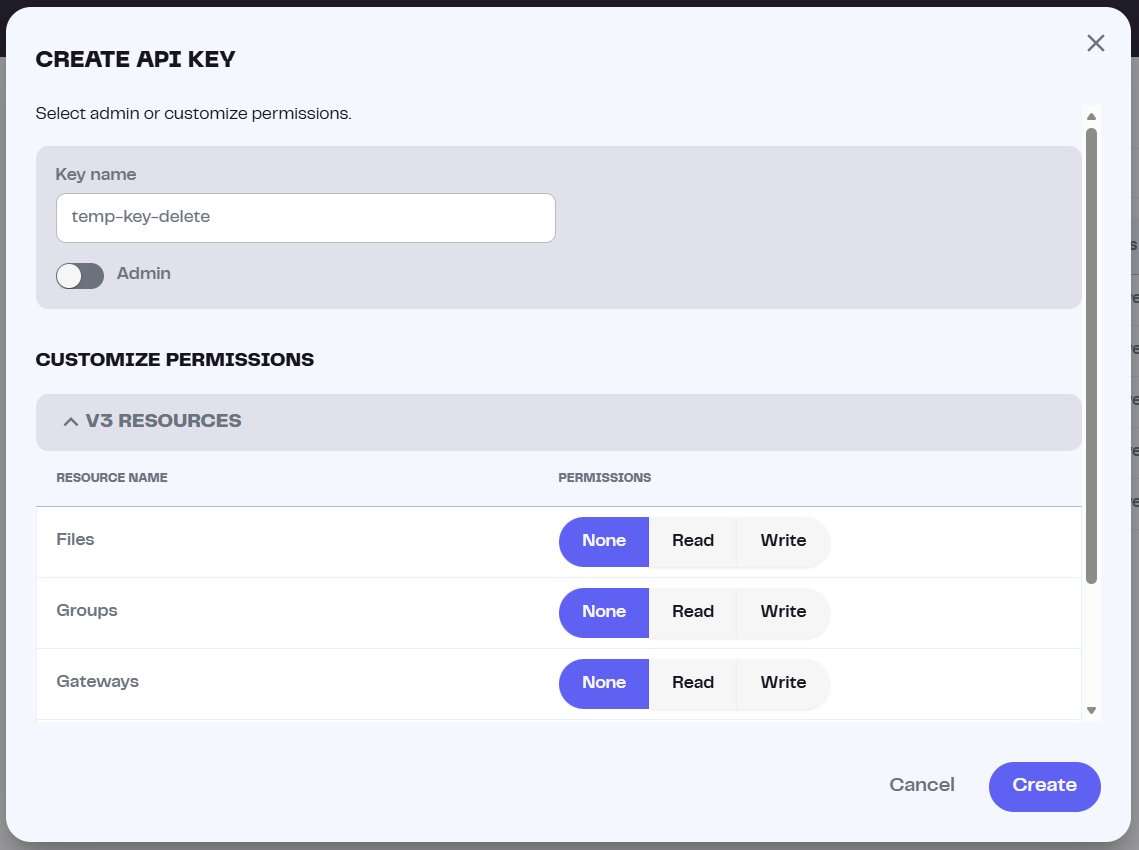 Create API Key form with name and permissions